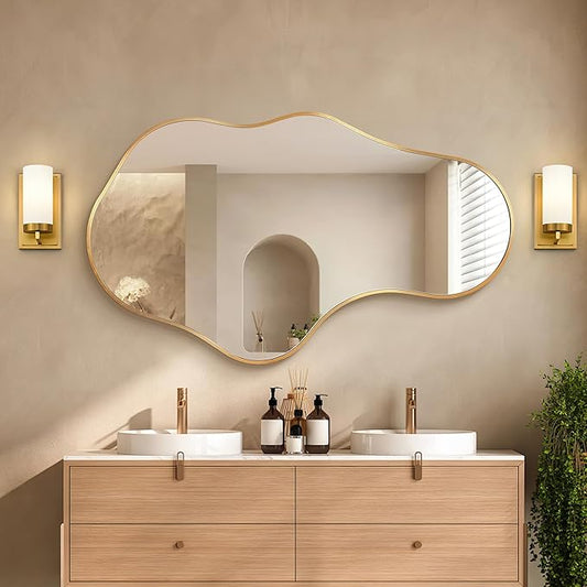 Irregular Wall Mirror, 22"x36" Gold Abstract Asymmetrical Mirrors for Wall, Decorative Cloud Aesthetic Mirror for Bathroom, Bedroom, Cloakroom, Entryway, Shatter-Proof Aluminum Alloy Frame