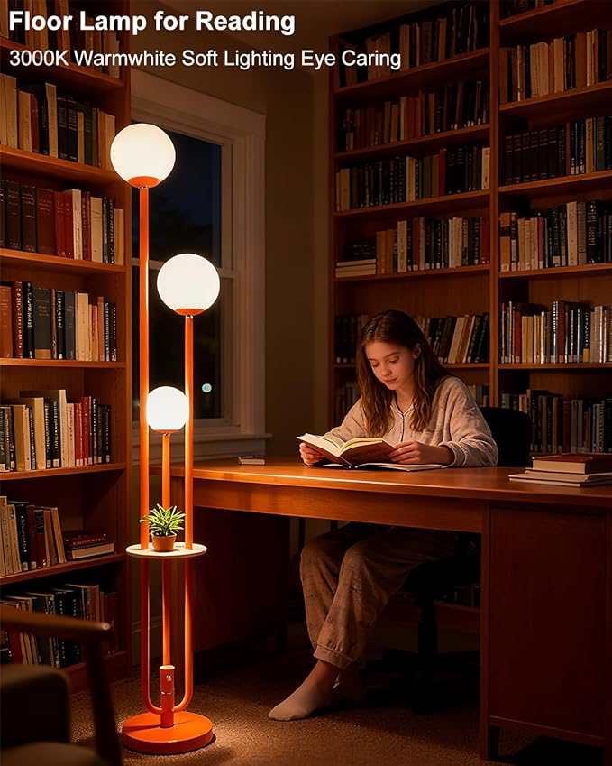 Lightdot 63IN Orange Floor Lamp with Shelf Mid Century Modern Tall Standing Lamps with 3000K Warm White Bulb Included Dimmable Globe Floor Lamp for Living Room/Party/Sofa Beside/Corner Decor
