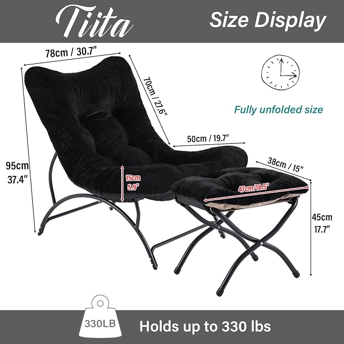 Tiita Accent Lazy Chair with Ottoman, Comfy Lounge Chair with Metal Frame and Plush Fabric, Thick Cushion Seated Cozy Recliner Chair for Reading Room, Living Room, Bedroom, Office, Black