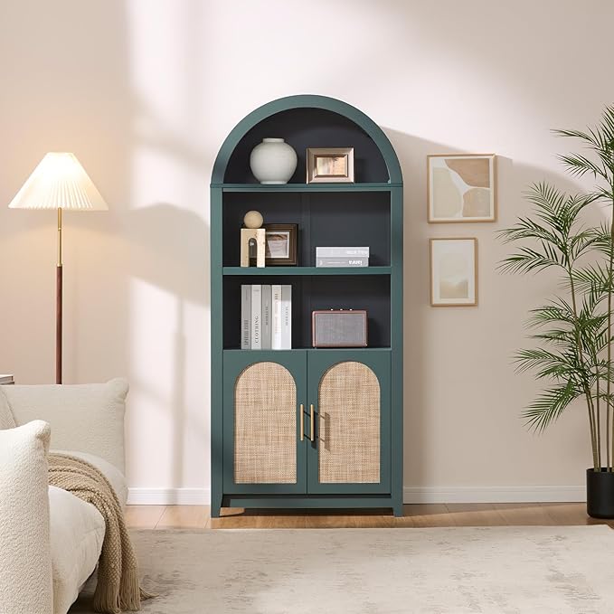 RowyPoey Rattan Arched Cabinet Bookshelf - 69.3” Tall Mid Century Display Cabinet, Rounded Bookcase with Rattan Doors, Open Shelf Storage for Dining Room (Green, 1 PC)