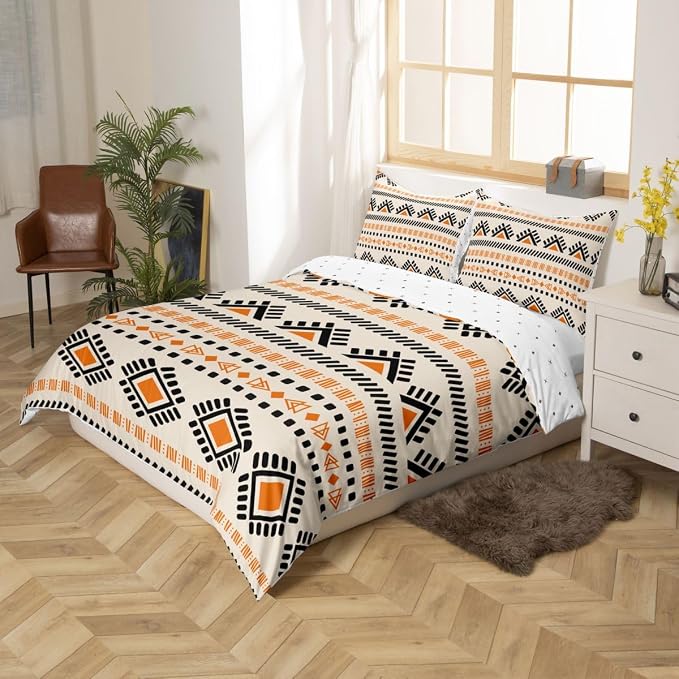 Bohemian Aztec Comforter Cover Boho Hippie Bed Set, Western Tribal Pattern Duvet Cover Queen Size Native Indian American Bedding Sets, Abstract Geometric Bedspread Cover Beige Black Orange 3pcs