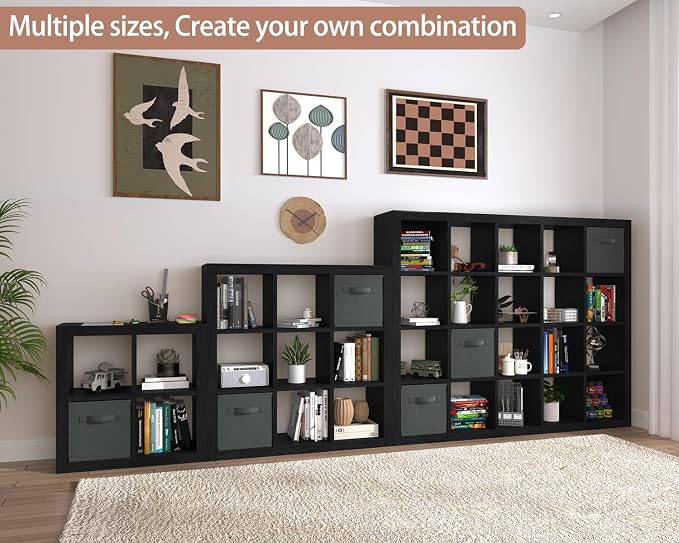 Bookshelf with Storage Bins, 9-Cube Storage Organizer Sturdy Wooden Bookcase Open Book Shelf, Multifunctional Cubicle Rack for Storage & Display, Furniture for Living Room Bedroom Office, Black