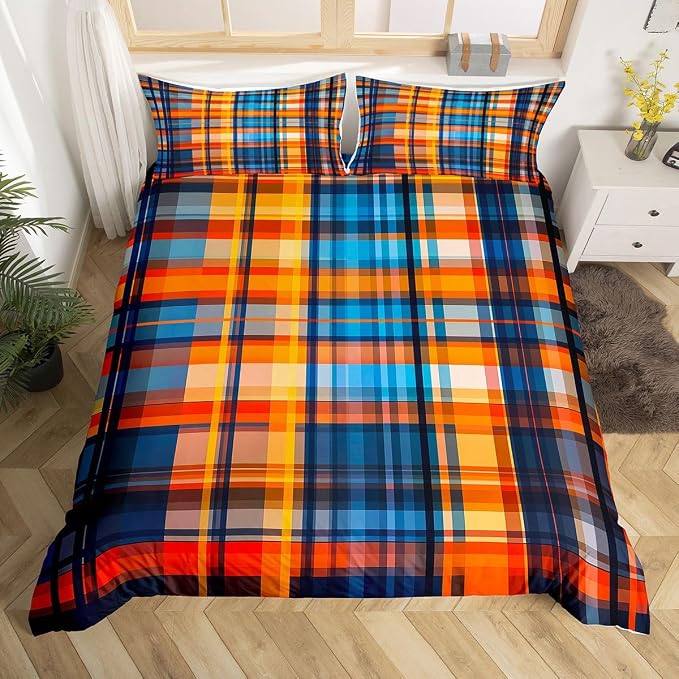 Erosebridal Boys Girls Plaid Comforter Cover Twin Orange Blue Checkered Duvet Cover for Kids Teens Buffalo Grid Stripes Geometric Bedding Set Rustic Farmhouse Style Bed Set with Zipper