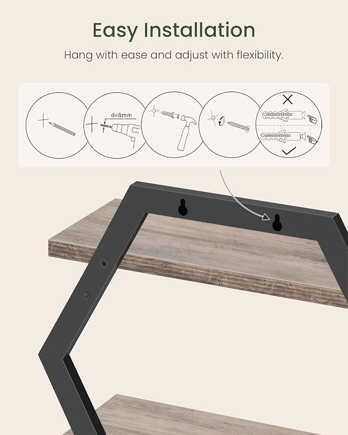 CHOEZON Hexagon Floating Shelves for Wall, Set of 2, 2 -Tier Hanging Shelves, Wall Mounted Storage Shelves, for Living Room, Bedroom, Kitchen, Home Office, Study, Greige TBJ06P2BG