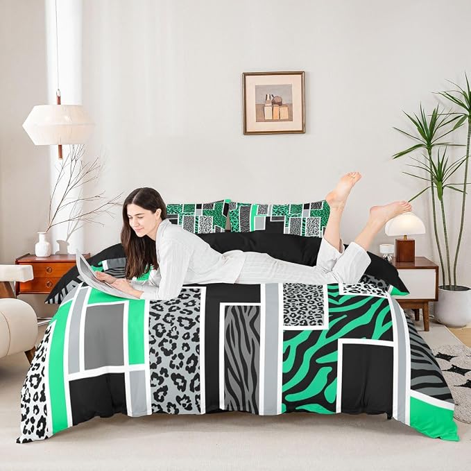 Erosebridal Leopard Print Comforter Cover Full Zebra Skin Texture Bedding Set Wild Animal Cheetah Print Duvet Cover for Kids Teen Adults,Green Black Grey Geometric Bed Set
