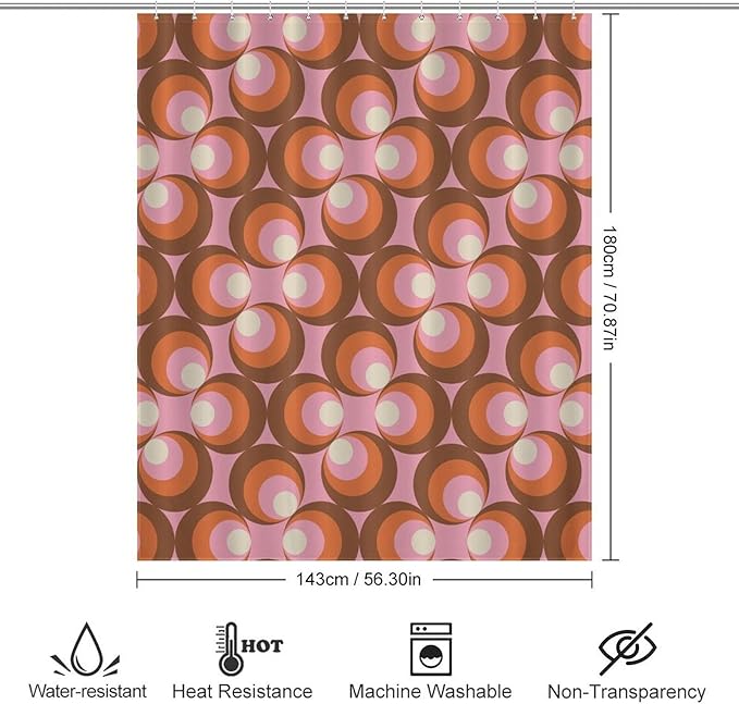Mid Century Vintage Geometric Shower Curtains Modern Pink Rod Pocket Abstract Geometric Circular Shapes Washable Waterproof Fabric for Bathroom Decor Bathtub with 12 Hooks 55x72in（140x183cm）