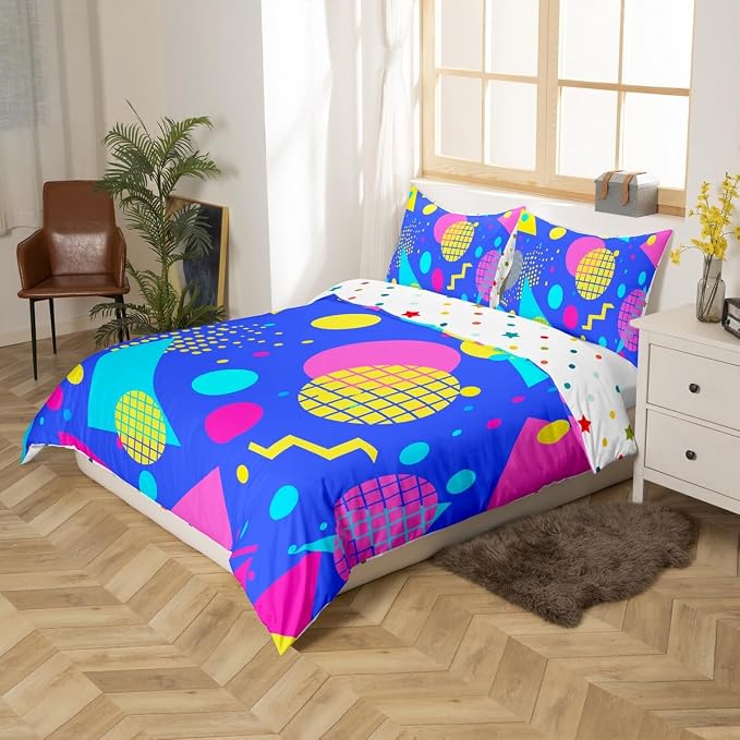 80s 90s Bedding Set Memphis Pattern Old Fashioned Comforter Cover King,Geometric Abstract Colorful Dots Funky Duvet Cover Retro Bed Set,Multicolor Vintage Rainbow 80'S Style 1980S Home Decor,Blue
