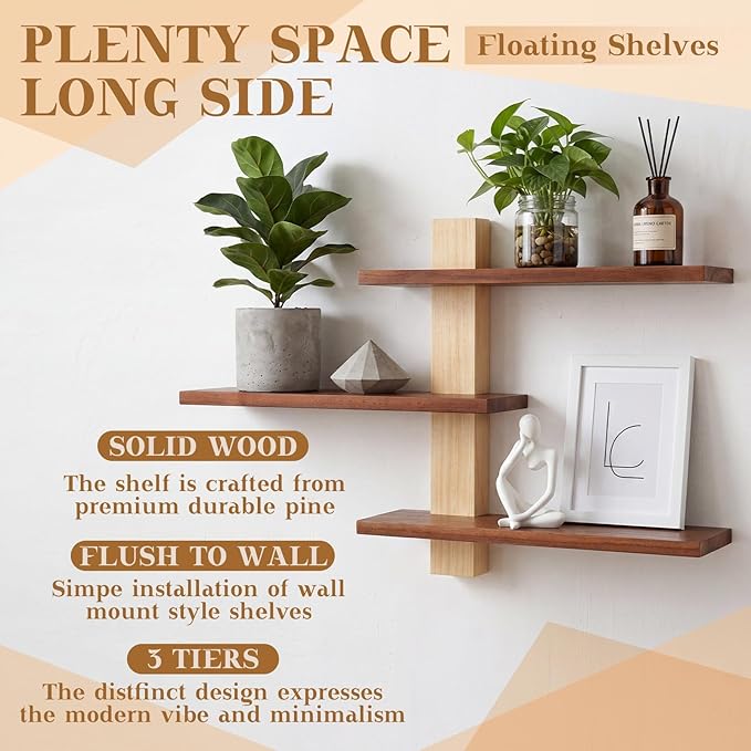 Pinkunn 2 Pack Wood 3 Tier Floating Shelf Large Minimalist Wall Shelves Mid Century Modern Furniture Wall Mount Shelf Art Decor Rustic Shelving for Bedroom Living Room Office Home(Natural Wood)