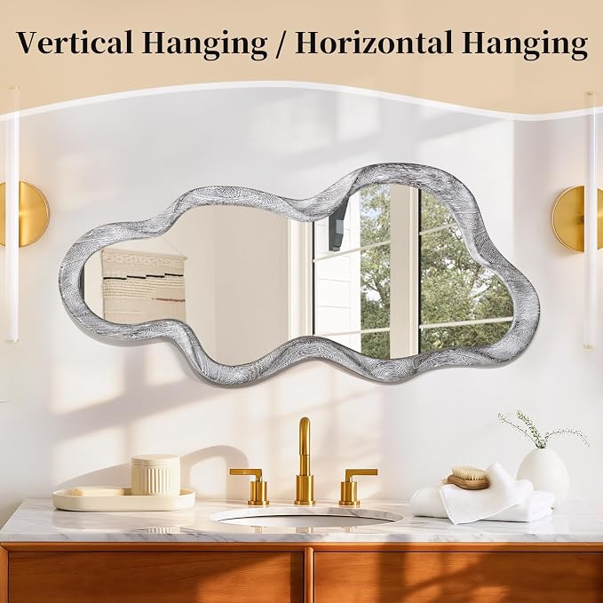 Irregular Asymmetrical Mirror for Wall Decor Large Modern Wooden Framed Wall Mirror Unique Shape Wall Mounted Vanity Artistic Wavy Mirror Decorative for Living Room Bedroom Bathroom Entryway