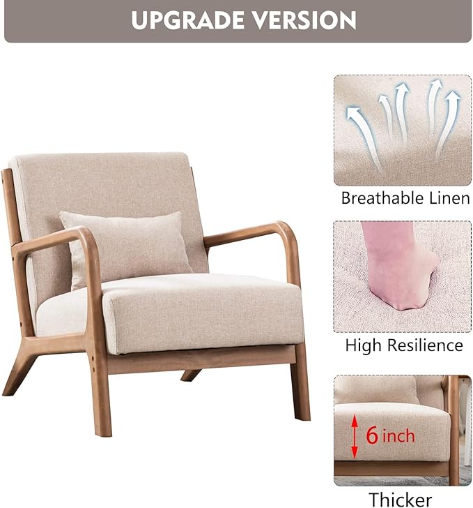 ANJ Mid Century Modern Accent Chair, Comfy Fabric Living Room Chairs with Solid Wood Frame, Lounge Reading Armchair, Easy Assembly, Beige