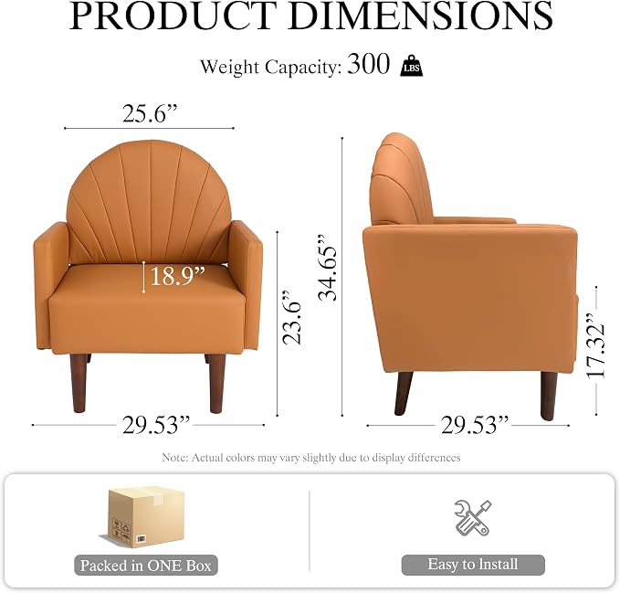 PU Accent Chairs for Living Room with High-Density Foam Cushion, Mid-Century Single Sofa Armchair with Solid Wood Legs Upholstered Reading Chair for Bedroom Home Office (Shell Orange)