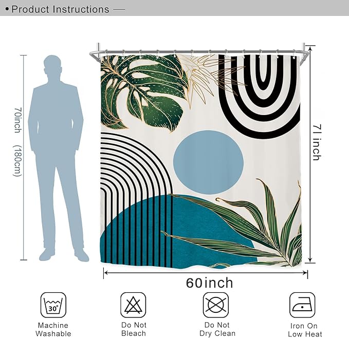 Miyotaa Abstract Teal Blue Shower Curtain Set 60Wx71H Inches Minimalist Aesthetic Modern Contemporary Geometric Plant Polyester Waterproof Cloth Bathroom Curtain with 12 Hooks