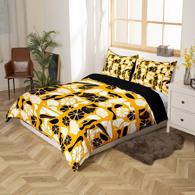 Boho Abstract Floral Duvet Cover Full Vintage Patchwork Black White Plant Bedding Set Mid Century Retro Abstract Geometric Comforter Cover For Kids Adults,Botanical Flowers Modern Aesthetic Bed Set