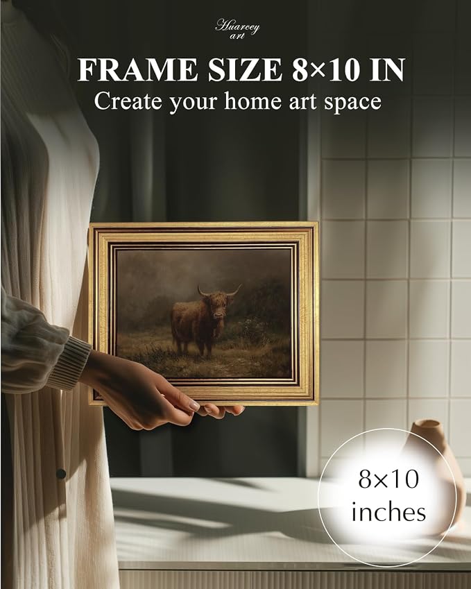 HUARCEY Gold Framed Vintage Wall Art for Living Room, Animals Painting Prints Shelf Decor for Kitchen, Aesthetic Bedroom Wall Art, Best Gifts for Friends or Family - Highland Cattle 10L x 8W