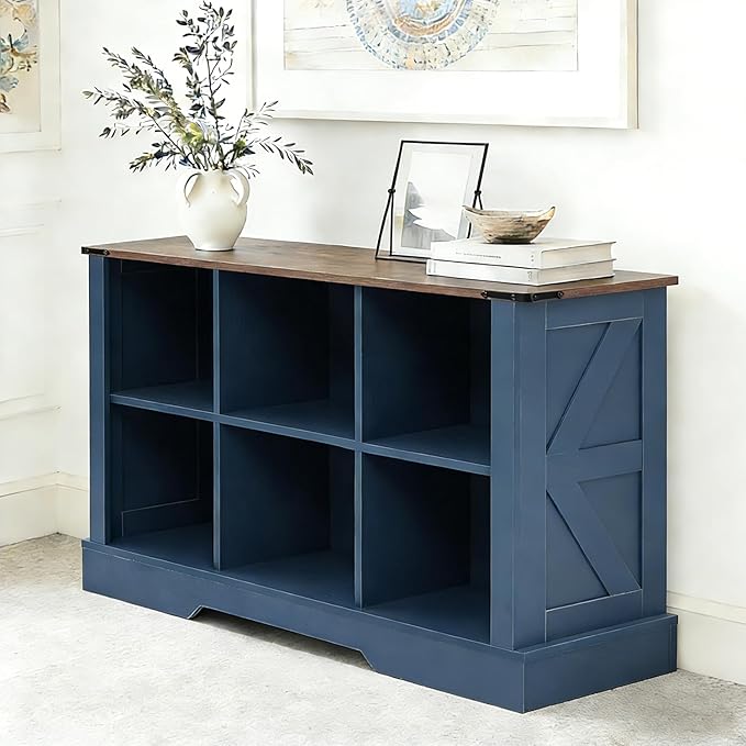 6 Cube Storage Organizer, 2 Tier Book Shelf with Led Lights, Farmhouse Book Shelves for Living Room, Horizontal Toy Storage Bookshelf, Wood Display Bookcase Cabinet for Bedroom, Office, Blue