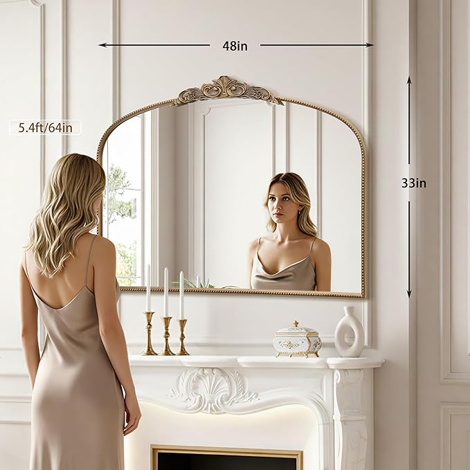 Micasso Large Vintage Gold Mirror: 48"x 33" French Baroque Antique Mirror - Traditional Ornate Decorative Wall Mounted Arched Mirrors for Wall/Mantel/Entryway/Hallway - Home Decor for Living Room