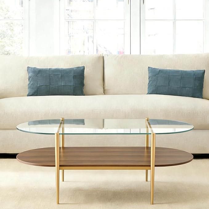 AGV LIGHTING Oval Rectangle Coffee Table with Clear Glass Top, Mid-Century Modern Coffee Table, Walnut MDF Shelf and Glod Metal Legs, Capsule Shape 2 Tier Coffee Table for Living Room, 42 Inch