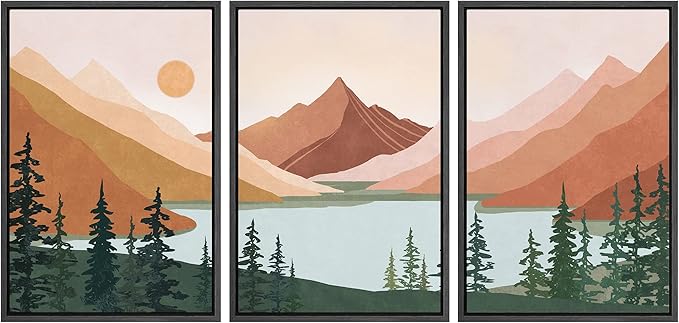 wall26 Framed Canvas Print Wall Art Set Geometric Mountain Forest Lake Abstract Nature Illustrations Modern Art Nordic Decorative Minimal Boho for Living Room, Bedroom, Office - 24"x36"x3 Black