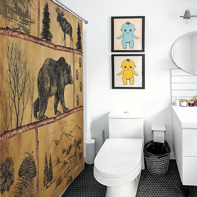 Rustic Cabin Vintage Bear Shower Curtain, Farmhouse Country Antique Bear Moose Forest Vintage Wood Camping Waterproof Shower Curtains for Bathroom Decor 12 Pack Hooks 55x72in（140x183cm）