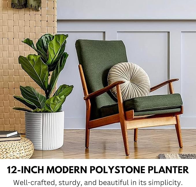 Fox & Fern Large Indoor Planter, Modern Large Plant Pot for Indoor or Outdoor, UV and Frost Resistant - 12 inch, Polystone, Matte White Flower Pot with Drainage Plug, 3D Printed Design