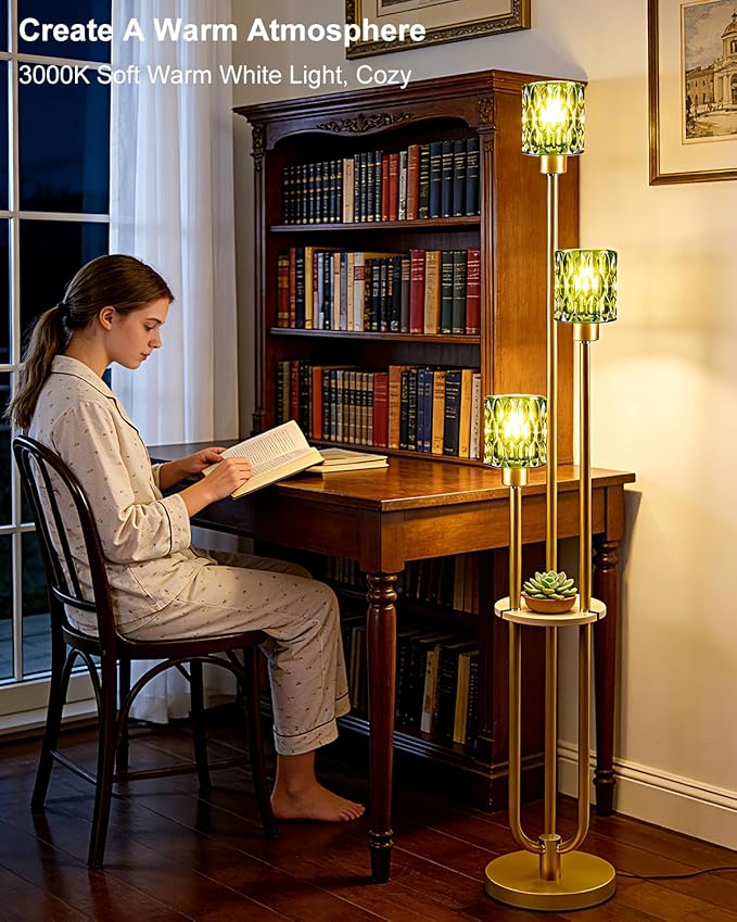Lightdot 3-Lights Glass Floor Lamp for Living Room Modern Gold Floor Lamp with Green Glass Shade for Wedding/Party Farmhouse Tall Standing Lamp with 5Lb Heavy Base for Bedroom/Sofa Beside/Corner Decor