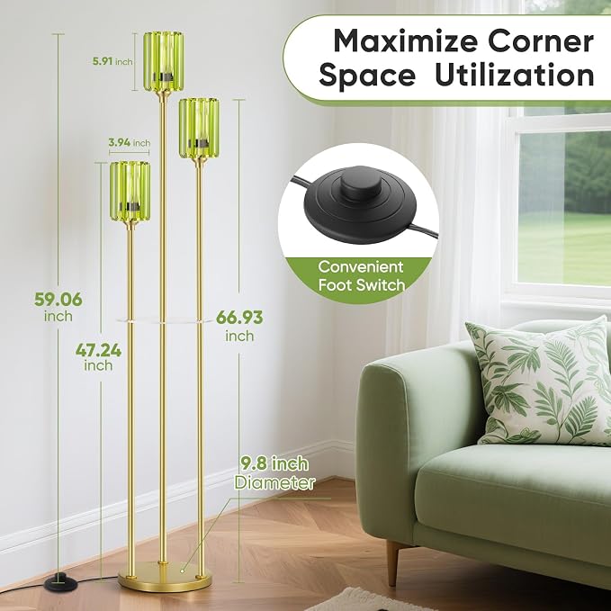 Crystal Floor Lamps for Living Room, Glass Modern Floor Lamp with Shelves, Mid Century Standing Lamps with Table, Brass Tall Lamp with Crystal Shade Vintage Retro Corner Floor Lamp (Green Cystal Gold)
