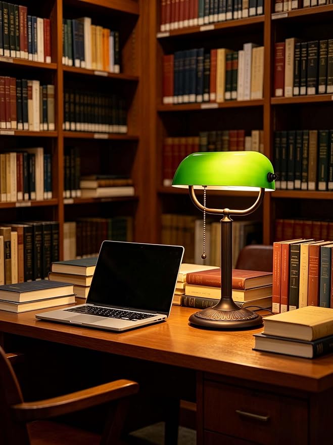 1-Minute Quick-Change Shade Antique Green Glass Bankers Desk Lamp for Study, Office, Library,LED Bulb Included
