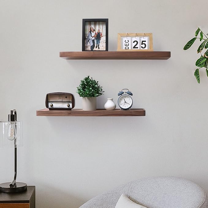 Axeman Walnut Floating Shelves for Wall 24 Inch | 24W x 6D Solid Walnut Wood Shelves Set of 2 | Natural Wooden Shelves for Living Room Bedroom Kitchen