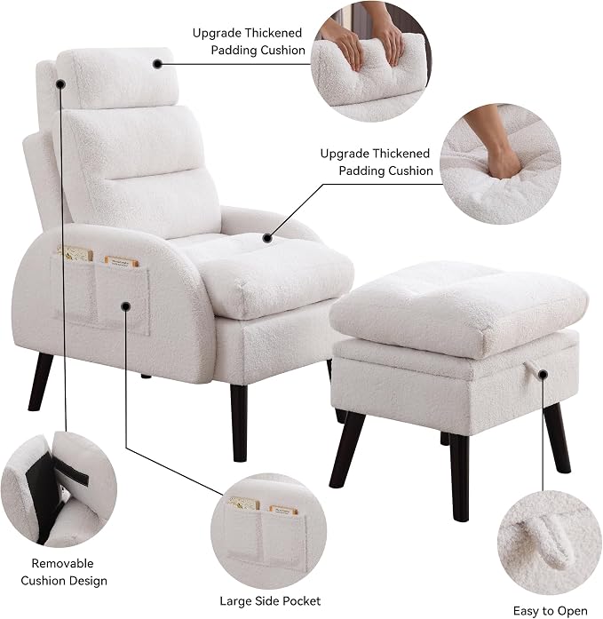 HCHAIRH Accent Chair with Ottoman Set, Comfy Reading Chair and Ottoman, Modern Oversized Lounge Armchair with Adjustable Backrest for Living Room Bedroom, Teddy White