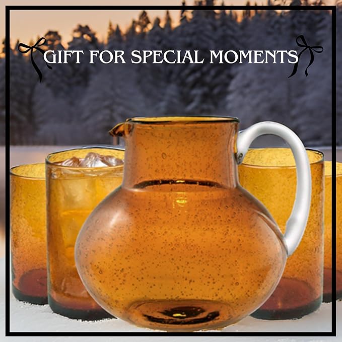 ARTLAND Iris 90oz Glass Pitcher & 17oz Highball Glasses (Set of 4) - Handcrafted Drinkware, Unique Bubble Design, Lead-Free Glass for Serving Beverages, Home Dining, Entertaining Essentials (Amber)