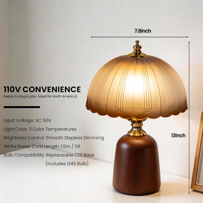 13 inch Decorative Wooden Mid-Century Modern Small Table Lamp, Vintage Amber Glass Shade, Solid Wood Base, Dimmable Bedside Lamp for Bedroom Living Room, Aesthetic Home Decor, E26 Bulb Included