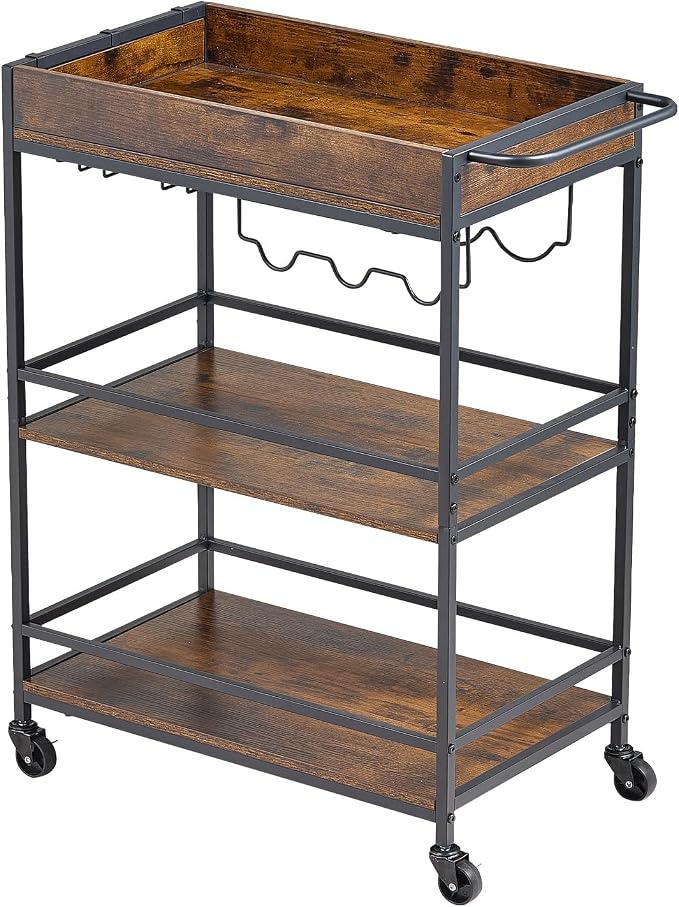 VEVOR Bar Cart, 3 Tiers Home Kitchen Serving Carts, Industrial Rolling Utility Station on Wheel, Mobile Drink Beverage Shelf with Wine Rack & Glass Holder, 26.77x14.17x32.68 in, Rustic Brown and Black