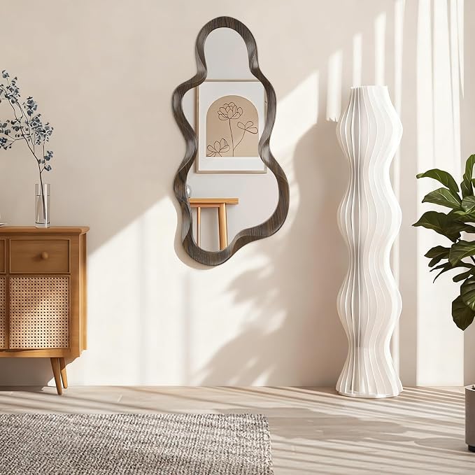 Asymmetrical Mirror Modern Wood Frame Unique Artistic Large Irregular Wall Mirrors Cute and Stylish Cloud Wavy Mirror Decorative for Cloakroom Bedroom Living Room Bathroom Entryway 30"x14"