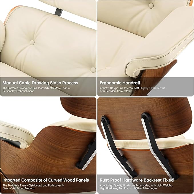 Top Cream White Grain Leather, Mid Century Chaise Lounge Chair and Ottoman, Modern Chair Classic Design, Walnut Wood, Heavy Duty Base Support for Living Room Office