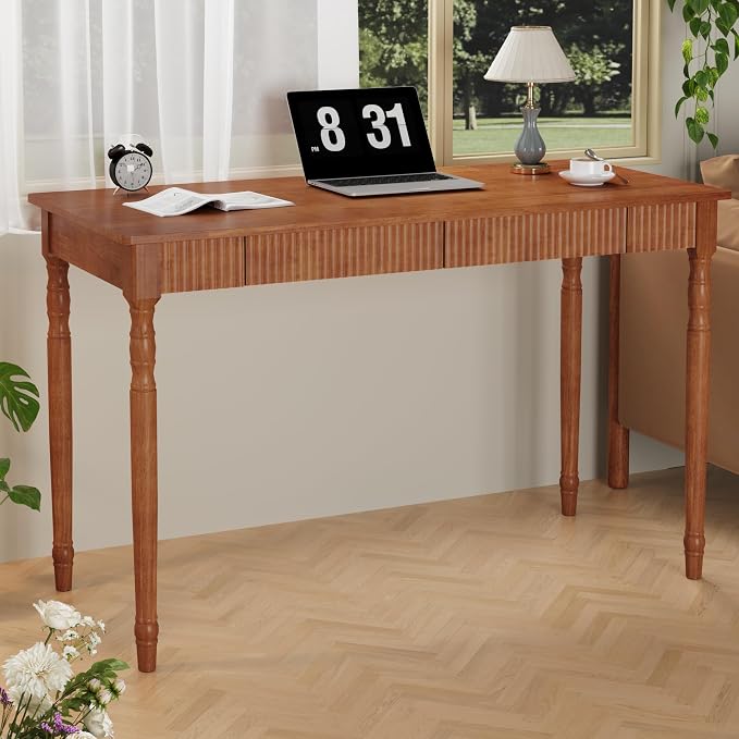 Solid Wood Desk with 2 Drawers - 47.2" Mid Century Modern Desks, Small Wooden Vintage Writing Desk, Fluted Design Walnut Home Office Computer Desks, Gaming Study Vanity Table for Living Room, Bedroom
