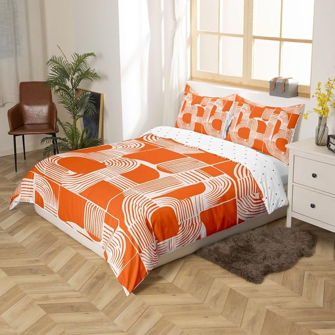 Erosebridal Mid Century Kids Full Bedding Set Bohemian Ethnic Comforter Cover for Boys Teens Adult Boho Geometric Duvet Cover 3-Piece Modern Simple Orange Stripes Bed Sets Lightweight Bedroom Decor