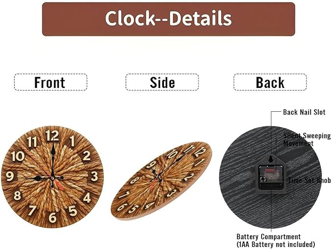 Rope Weave Sunburst Farmhouse Wooden Wall Clock 25cm*25cm