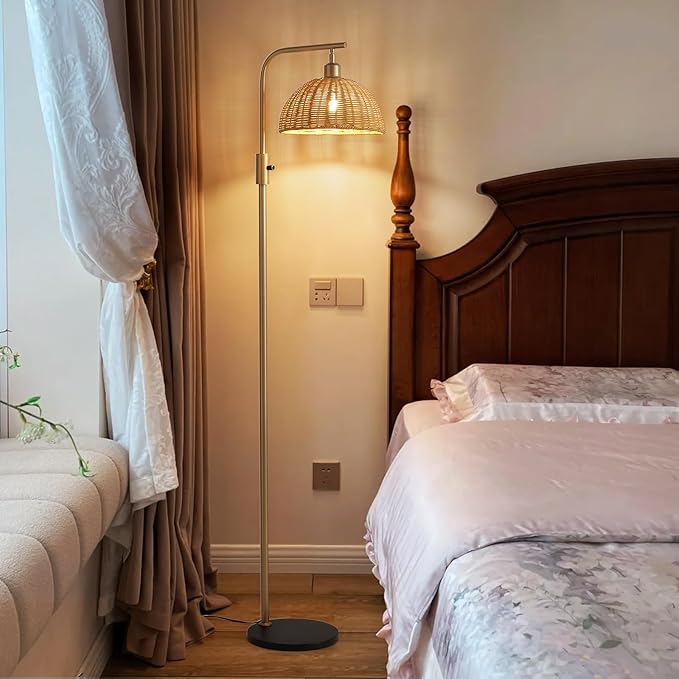Boho Floor Lamp for Living Room: Rattan Floor Lamp for Bedroom - Gold Standing Lamp with Dimmable Tall Lamp,No Bulb