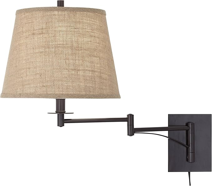 Franklin Iron Works Brinly Farmhouse Rustic Swing Arm Wall Lamps Set of 2 Matte Brown Metal Plug-in 12" Fixture Burlap Hardback Drum Shade for Bedroom Bedside Living Room Hallway Reading