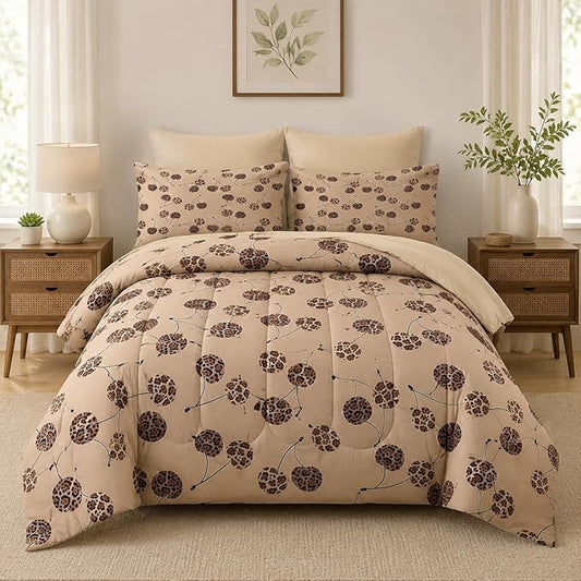 Nesker 7 Pcs Comforter Set Queen Size, Beige Leopard Cherry Bedding Set for Kids and Adults, Cute Modern Brown Sheets Bed Sheet Sets with Fitted Sheet 2 Pillowcases & 2 Shams