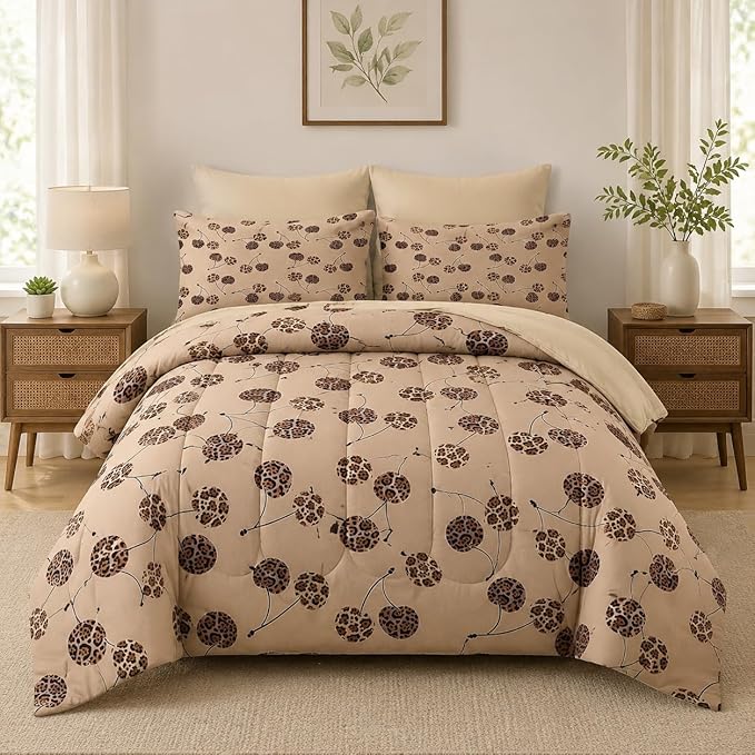 Nesker 7 Pcs Comforter Set Full Size, Cherry Leopard Beige Bedding Set for Kids and Adults, Modern Cute Brown Bed Sheet Sets with Fitted Sheet 2 Pillowcases & 2 Shams
