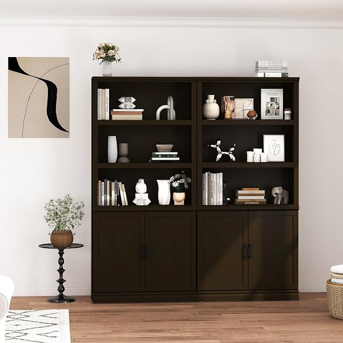 blini 5 Shelf Tall Bookcase with Doors Cherry Wood Bookshelf 31in Wide Display Standing Storage Shelf 72in Tall Wood Book Shelves for Bedroom Living Room Office Library