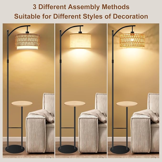 Vinaco Rattan Boho Floor Lamp with Table, Dimmable Floor Lamp with Remote Control Foot Switch, Wicker Tall Lamps 3 Color Temperatures, Adjustable Height Standing Lamps for Living Room Bedroom Office