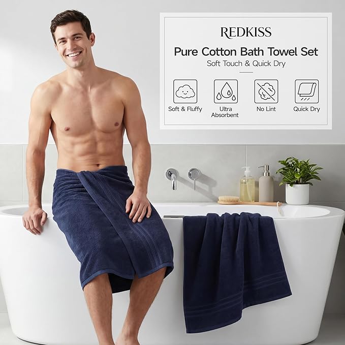 REDKISS Navy Towels Set 6 Piece Cotton Towel Sets with 2 Bath Towels, 2 Hand, 2 Washcloths, 650GSM Hotel Quality, Soft, Highly Absorbent Towels for Bathroom Gym, Ideal Everyday Use