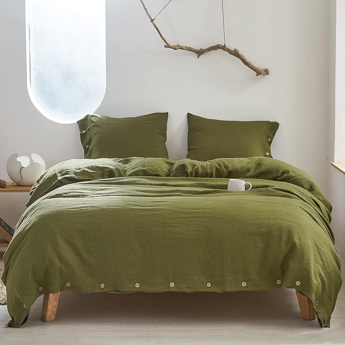 Simple&Opulence 100% Linen Duvet Cover Set 3pcs with Coconut Button Closure Natural French Washed Flax Solid Color Soft Breathable Farmhouse Bedding - Olive Green, Queen Size