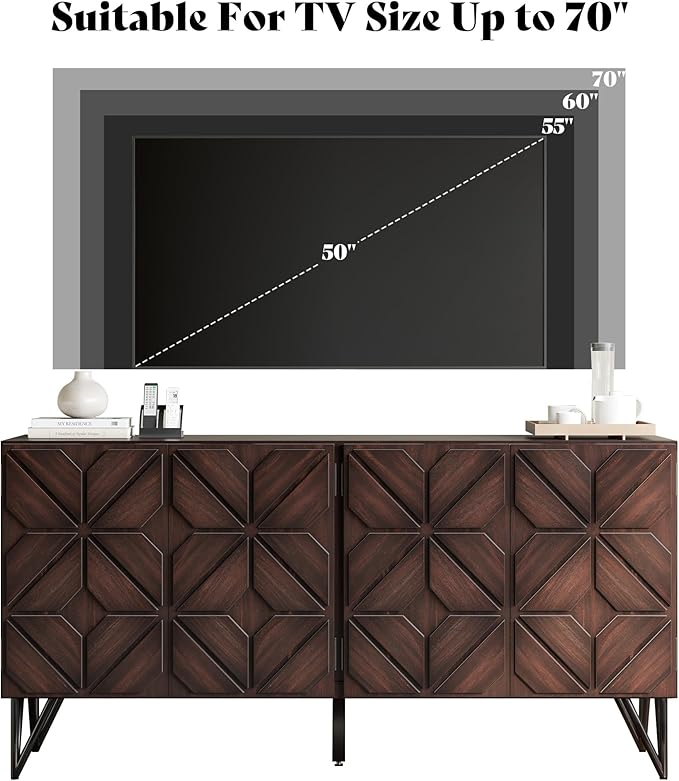 AMERLIFE 63” Solid Acacia Wood Sideboard Buffet Cabinet, Hand-Carved Geometric Door Console with Adjustable Shelves for Hallway, Living Room or Kitchen, Dark Walnut
