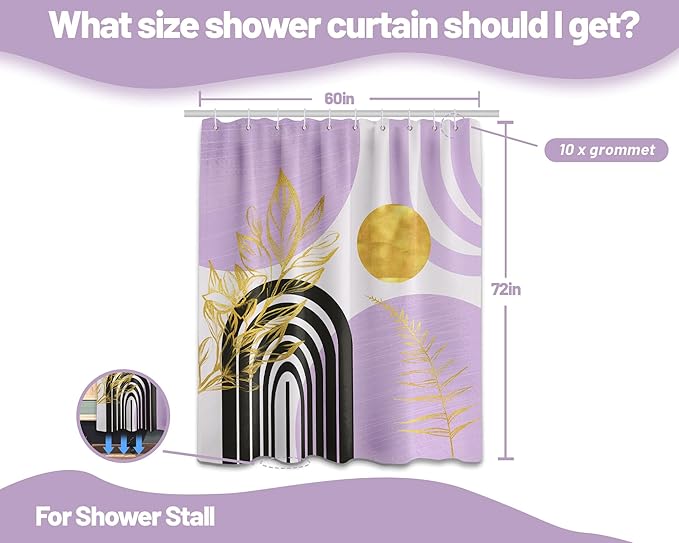 Mid Century Modern Black and Purple Shower Curtain Boho Lavender Light Purple and Gold Shower Curtains for Girls Bathroom Decor Sets, Waterproof Cloth Fabric with Hooks, 60x72in