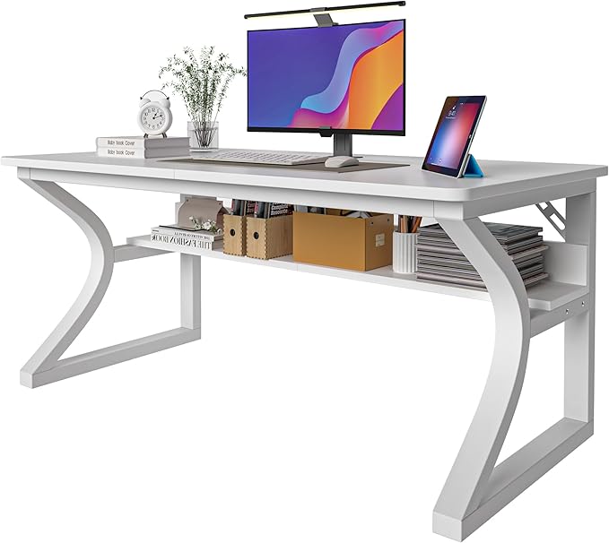 AZN Computer Desk, 47x24 in Computer Desk, Office Desk w/Storage & U-Size Metal Frame for Home Office Bedroom Gaming, Office Desk w/Water-Resistant, Scratchproof Surface, White
