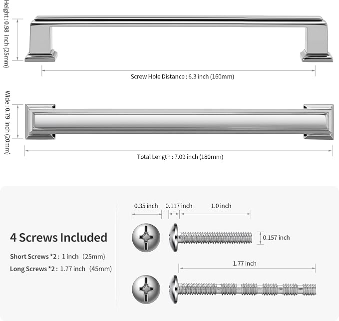 Lardmon 10 Pack 6.3 Inch(160mm) Hole Center Polished Chrome Modern Cabinet Pulls Kitchen Cabinet Handles Kitchen Cabinet Hardware Timeless Drawer Pulls for Dresser Cupboard Wardrobe, Chrome(6.3x10)