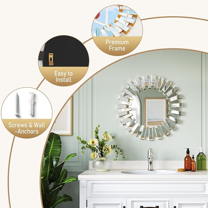 Sunburst Mirror - 26'' Gold Starburst Mirror with Beveled Glass Frame, Wall Decor Mirrors for Living Room, Dining Room, Bedroom,Hallway